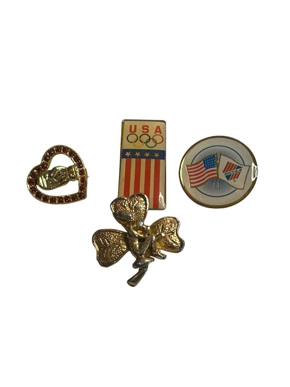 Vintage Assorted Pins Boxing Heart USA Olympic Flag Clover Elf MOAA Flag Pins